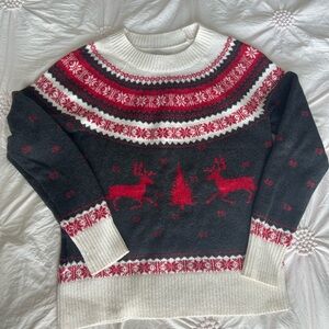 LOFT Grey Red and Cream Reindeer Sweater